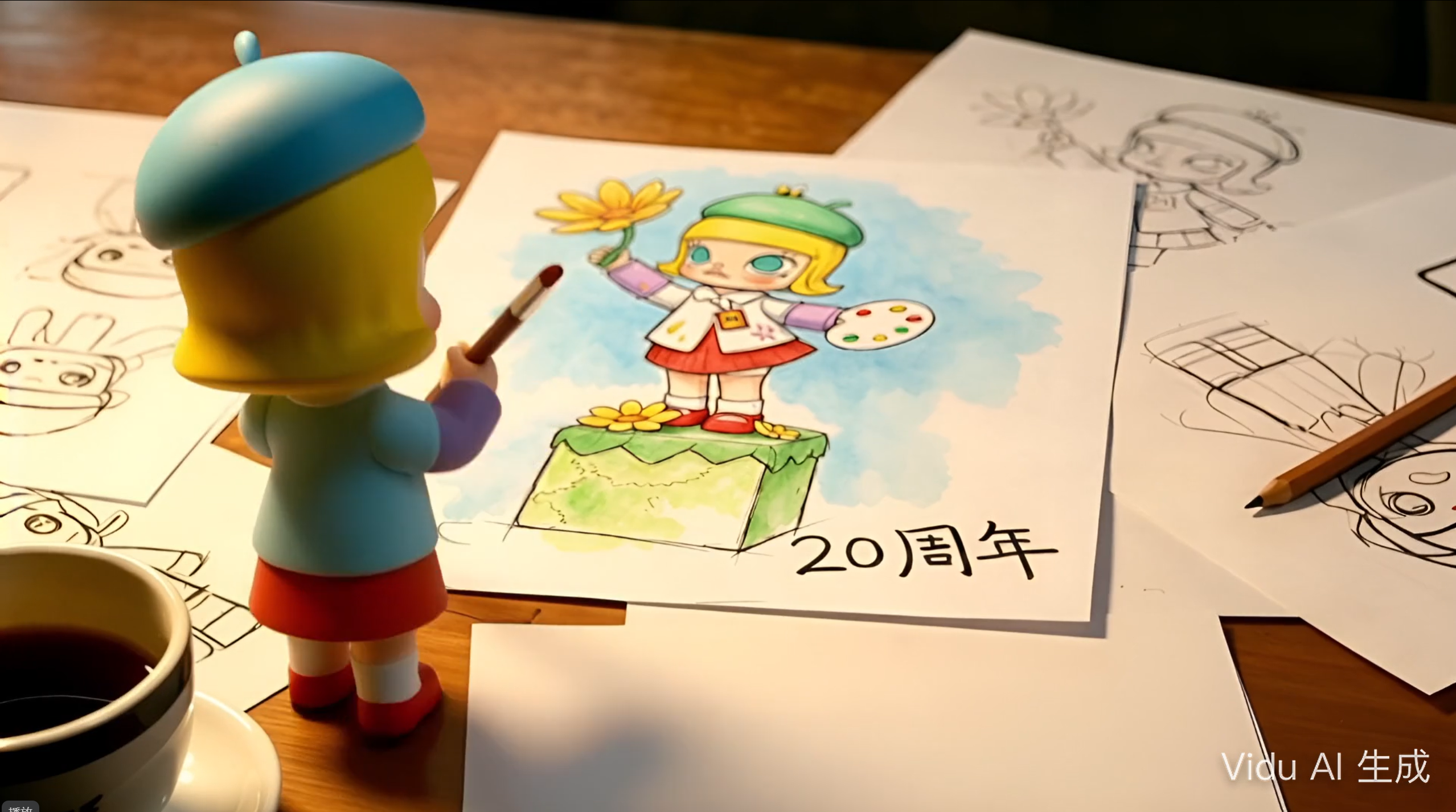 玩偶角色在画架前作画