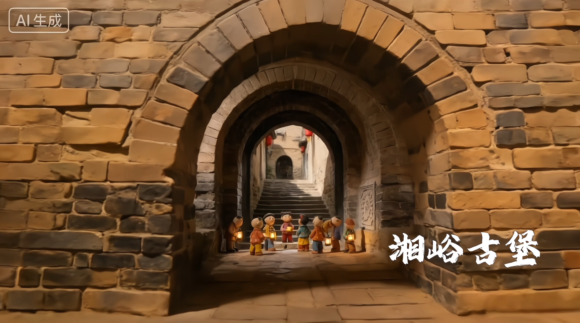 湘峪古堡 — 砖拱门洞下泥塑人偶提灯前行